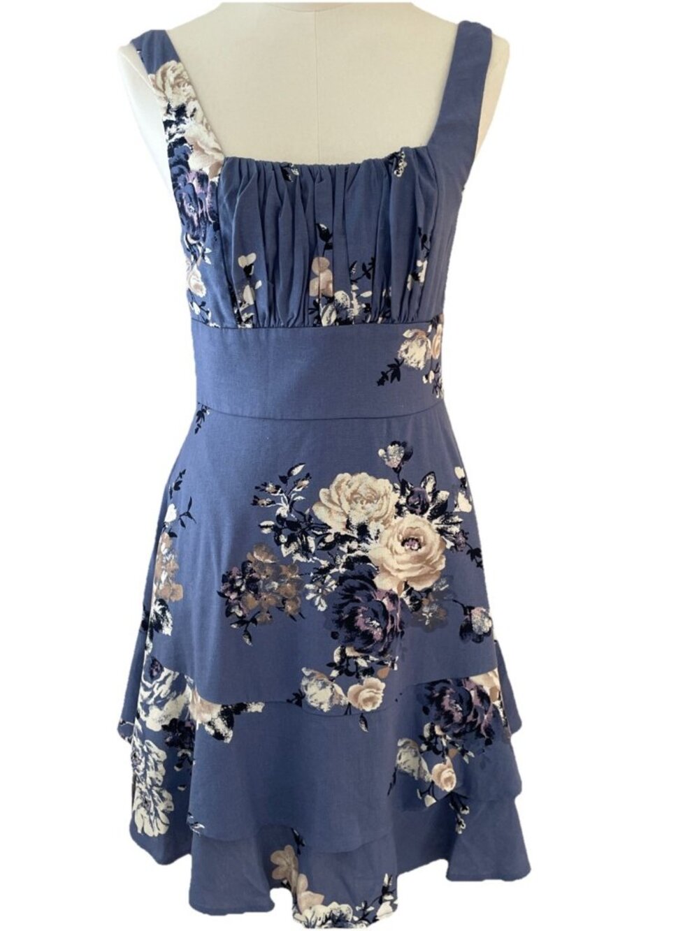 Women's Floral Babydoll Mini Dress Size XS Blue Tiered Milkmaid Coquette HOCO